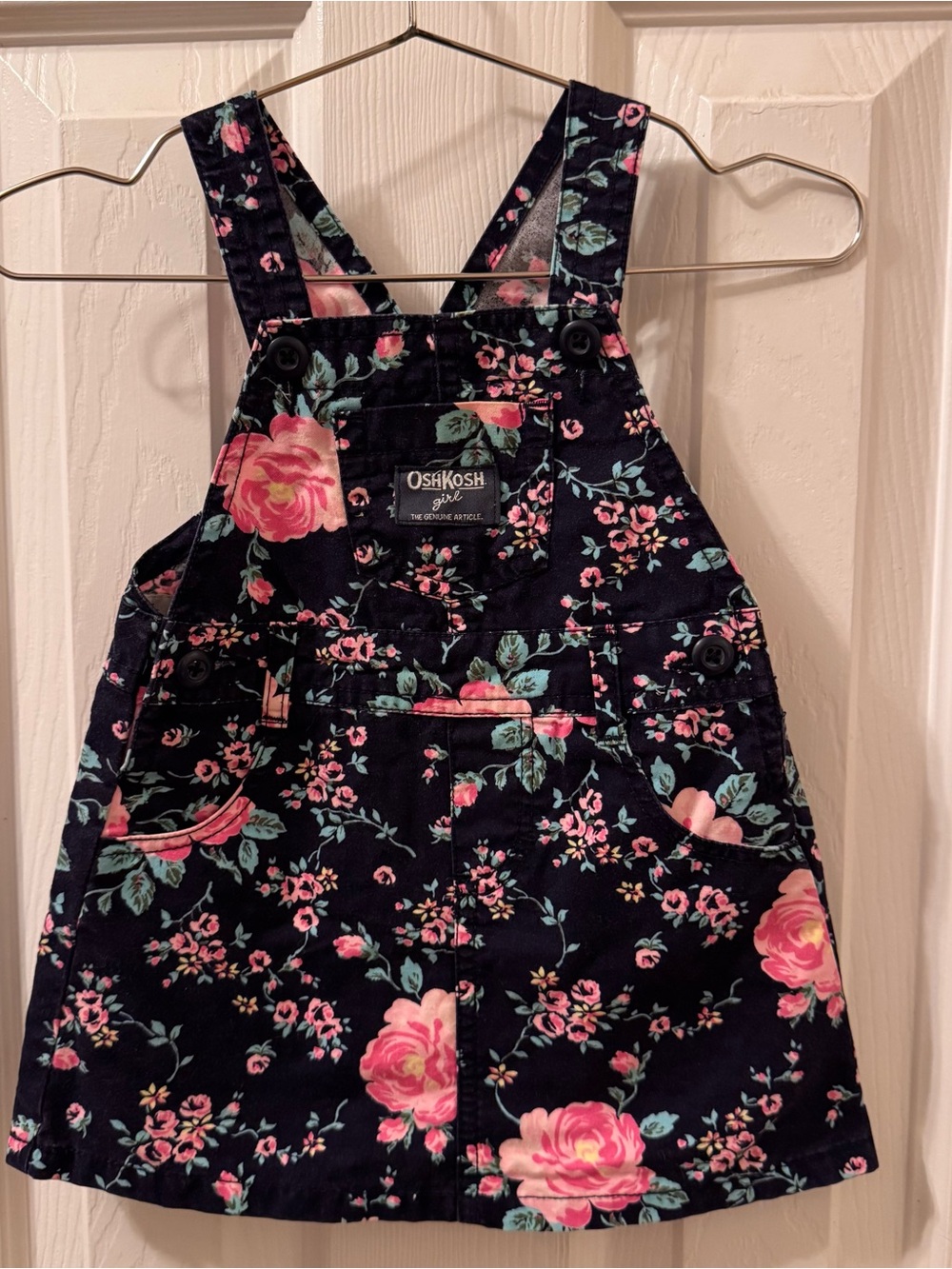 OshKosh Girl Floral Overall Dress Navy with Pink roses 12 months B’gosh overalls